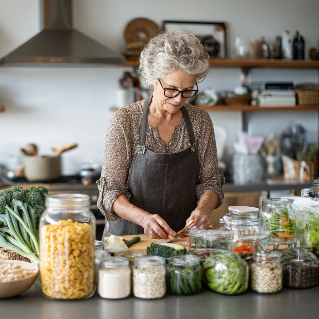Middle-aged adult organizing weekly meal ingredients on kitchen counter with fresh vegetables and grains