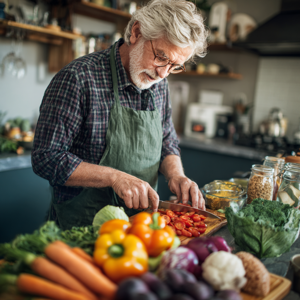 Older adult preparing balanced meal with colorful vegetables and whole grains in modern kitchen